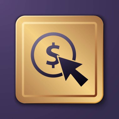 Mor İmleç ve madeni para simgesi mor arkaplanda izole edilmiş. Dolar ya da Usd sembolü. Nakit bankacılık tabelası. Altın kare düğme. Vektör İllüstrasyonu
