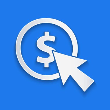 Kağıt kesiği İmleç ve para simgesi mavi arkaplanda izole edildi. Dolar ya da Usd sembolü. Nakit bankacılık tabelası. Kağıt sanatı tarzı. Vektör İllüstrasyonu