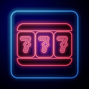 Mavi arka planda izole edilmiş uğurlu yedili büyük ikramiye ikonu olan parlak neon slot makinesi. Vektör İllüstrasyonu