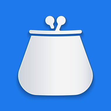 Kağıt kesiği Cüzdan simgesi mavi arkaplanda izole edildi. Çanta ikonu. Nakit tasarruf sembolü. Kağıt sanatı tarzı. Vektör İllüstrasyonu