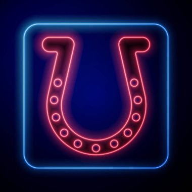 Parlayan neon renkli at nalı simgesi mavi arkaplanda izole edildi. Vektör İllüstrasyonu