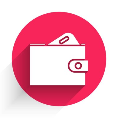 Beyaz Cüzdan 'da desteler dolusu para nakit para ikonu uzun gölgeli. Çanta ikonu. Nakit tasarruf sembolü. Kırmızı daire düğmesi. Vektör İllüstrasyonu
