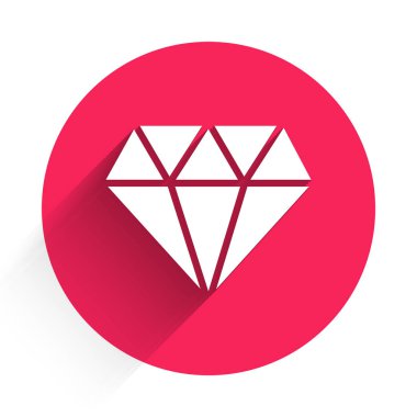 Beyaz Elmas simgesi uzun gölgelerle izole edilmiş. Mücevher sembolü. Mücevher taşı. Kırmızı daire düğmesi. Vektör İllüstrasyonu