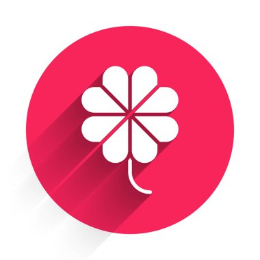 Yonca sembollü beyaz kumarhane kumar makinesi uzun gölgeli izole edilmiş. Kumar oyunları. Kırmızı daire düğmesi. Vektör İllüstrasyonu