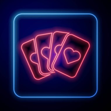 Mavi arkaplanda iskambil simgesinin parlayan neon güvertesi izole edildi. Kumarhane kumarı. Vektör İllüstrasyonu