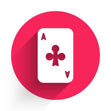 Üzerinde kulüp sembolü olan uzun gölgeli beyaz iskambil kartı. Kumarhane kumarı. Kırmızı daire düğmesi. Vektör İllüstrasyonu