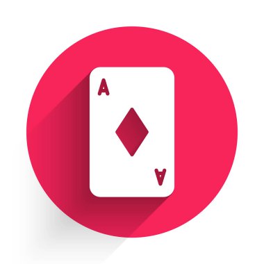 Üzerinde uzun gölgeli elmas sembolü olan beyaz iskambil kartı. Kumarhane kumarı. Kırmızı daire düğmesi. Vektör İllüstrasyonu