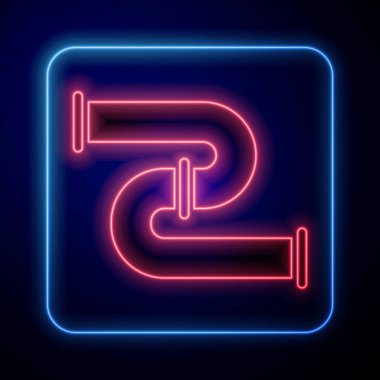 Parlayan neon endüstrisi metalik boru ikonu mavi arka planda izole edildi. Tesisat boru hattının farklı şekillerde parçaları. Vektör İllüstrasyonu