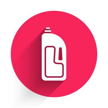 Kanalizasyon temizleyici ikonlu beyaz konteynır uzun gölgeli. Plastik şişedeki deterjan. Kırmızı daire düğmesi. Vektör İllüstrasyonu