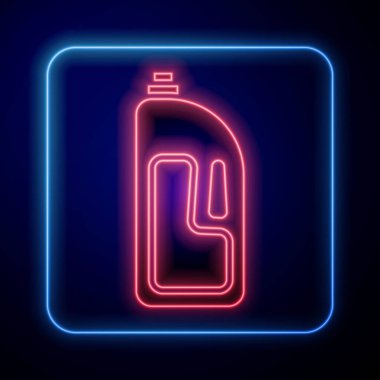 Mavi arka planda izole edilmiş, lavabo açıcı ikonu olan parlak neon konteynır. Plastik şişedeki deterjan. Vektör İllüstrasyonu