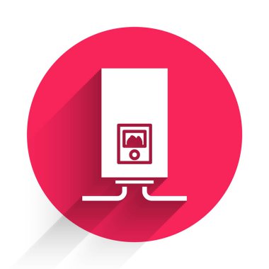 Yanan bir ateş ikonu ve uzun gölgeli beyaz gaz kazanı. Kırmızı daire düğmesi. Vektör İllüstrasyonu