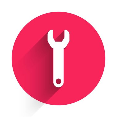 Beyaz İngiliz anahtarı simgesi uzun gölgeli izole edilmiş. Kırmızı daire düğmesi. Vektör İllüstrasyonu