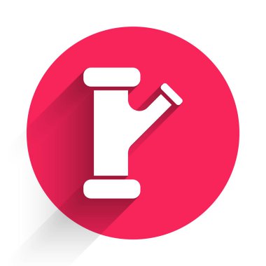 Beyaz Sanayi metalik boru ikonu uzun gölgeli izole edilmiş. Tesisat boru hattının farklı şekillerde parçaları. Kırmızı daire düğmesi. Vektör İllüstrasyonu