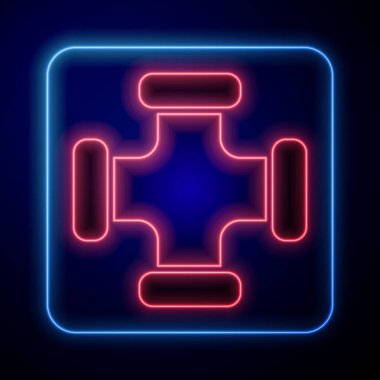 Parlayan neon endüstrisi metalik boru ikonu mavi arka planda izole edildi. Tesisat boru hattının farklı şekillerde parçaları. Vektör İllüstrasyonu