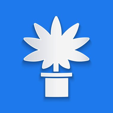 Kağıt kesiği Tıbbi marihuana ya da esrar bitkisi mavi arka planda izole edilmiş bir esrar ikonu. Esrar yetiştirme konsepti. Kenevir saksısı. Kağıt sanatı tarzı. Vektör İllüstrasyonu