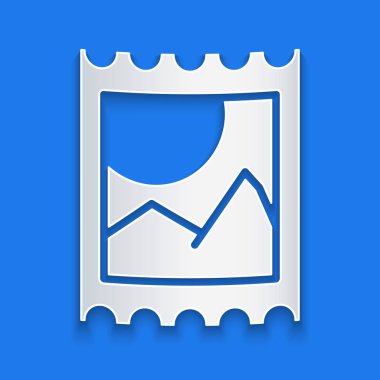 Kağıt kesiği LSD asit izi simgesi mavi arkaplanda izole edilmiş. Asit narkotiği. Posta damgası. Posta pulu. Sağlık tehlikesi. Kağıt sanatı tarzı. Vektör İllüstrasyonu