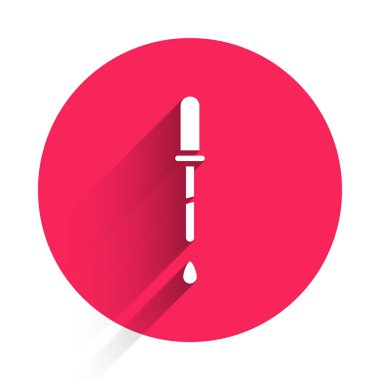 Beyaz Pipette simgesi uzun gölgeli izole edilmiş. Tıbbi elementler, kimya laboratuarı ekipmanları. Damlalı boru. Tıp sembolü. Kırmızı daire düğmesi. Vektör İllüstrasyonu