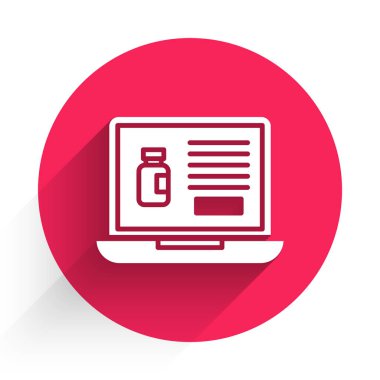 White uzun gölgeli dizüstü bilgisayar simgesinden uyuşturucu alıyor. İnternetten satın alma sembolü. Kırmızı daire düğmesi. Vektör İllüstrasyonu