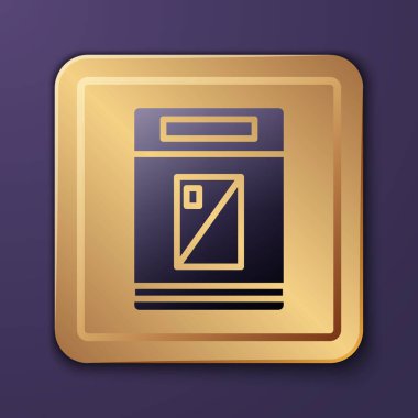 Mor Sigara paket kutusu simgesi mor arkaplanda izole edilmiş. Sigara paketleri. Altın kare düğme. Vektör İllüstrasyonu