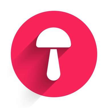 Beyaz Psilosibin mantar ikonu uzun gölgeli izole edilmiş. Psikedelik halüsinasyon. Kırmızı daire düğmesi. Vektör İllüstrasyonu