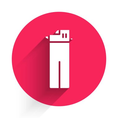 Beyaz Aydınlık simgesi uzun gölgeyle izole edildi. Kırmızı daire düğmesi. Vektör İllüstrasyonu