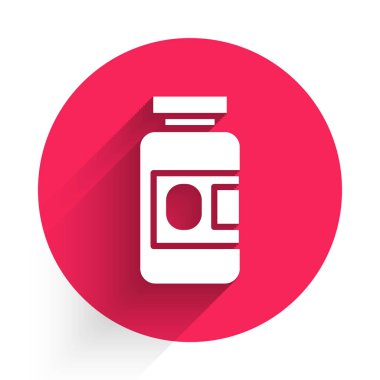 Beyaz ilaç şişesi ve uzun gölgeli ilaç ikonu. Şişe hapı işareti. Eczane tasarımı. Kırmızı daire düğmesi. Vektör İllüstrasyonu