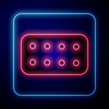 Mavi arka planda parlayan neon haplar izole edilmiş. İlaç paketi. Tablet, vitamin, antibiyotik, aspirin. Vektör İllüstrasyonu