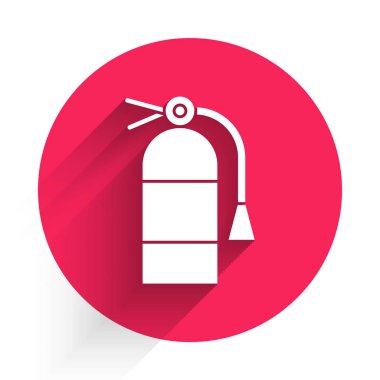 Uzun gölgeli beyaz yangın söndürme ikonu. Kırmızı daire düğmesi. Vektör İllüstrasyonu