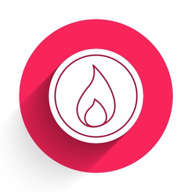 Beyaz Ateş alev ikonu uzun gölgeli izole edilmiş. Kırmızı daire düğmesi. Vektör İllüstrasyonu