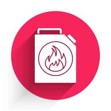 Uzun gölgeli izole edilmiş yanıcı sıvılar için beyaz teneke kutu. Yağ ya da biyoyakıt, patlayıcı kimyasallar, tehlikeli maddeler. Kırmızı daire düğmesi. Vektör İllüstrasyonu