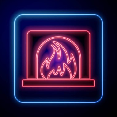 Parlayan neon iç şömine ikonu mavi arka planda izole edildi. Vektör İllüstrasyonu