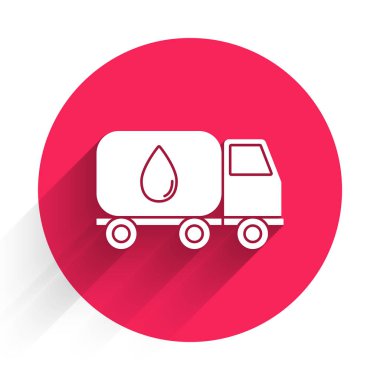 Beyaz su kamyonu ikonu uzun gölgeli izole edildi. Kırmızı daire düğmesi. Vektör İllüstrasyonu