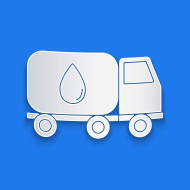 Kağıt kesiği. Mavi arka planda su dağıtım kamyonu simgesi var. Kağıt sanatı tarzı. Vektör İllüstrasyonu