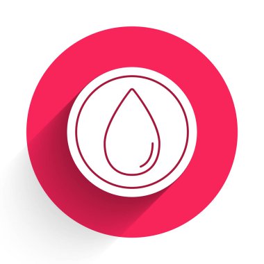 Beyaz su damlası ikonu uzun gölgeli izole edilmiş. Kırmızı daire düğmesi. Vektör İllüstrasyonu