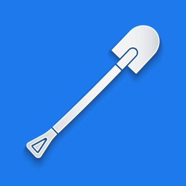 Kağıt kesiği Ateş küreği simgesi mavi arkaplanda izole edildi. Yangın koruma ekipmanları. İtfaiyeciler için ekipman. Kağıt sanatı tarzı. Vektör İllüstrasyonu