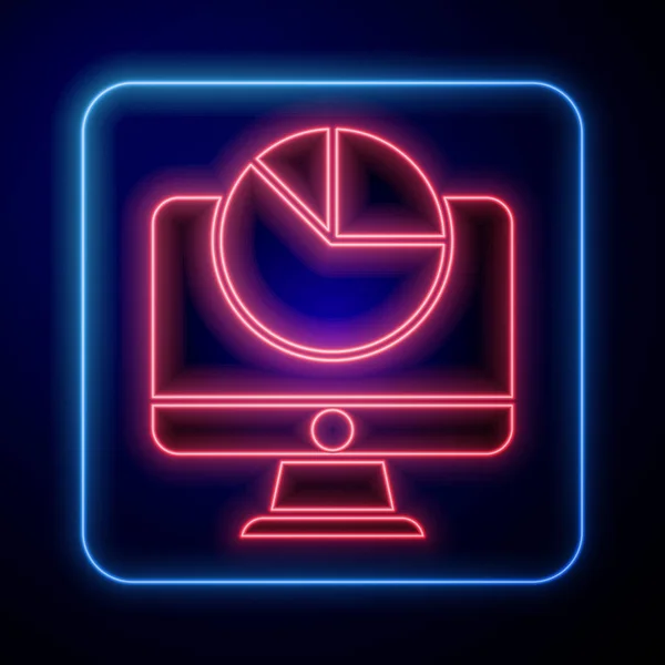 Glowing Neon Computer Monitor Graph Chart Icon Isolated Blue Background — Stock Vector