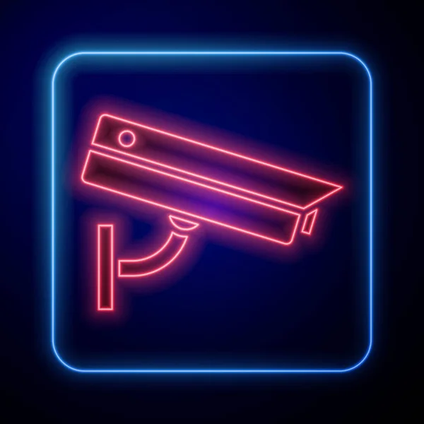 Glödande Neon Säkerhetskamera Ikon Isolerad Blå Bakgrund Vektor Illustration — Stock vektor