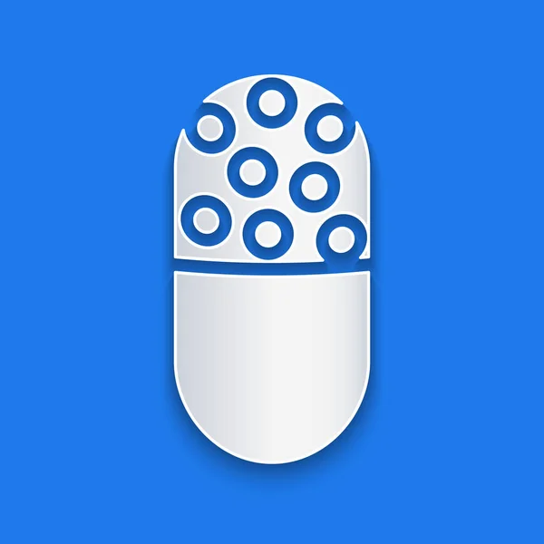 Papel Corte Píldora Medicina Tableta Icono Aislado Sobre Fondo Azul — Archivo Imágenes Vectoriales