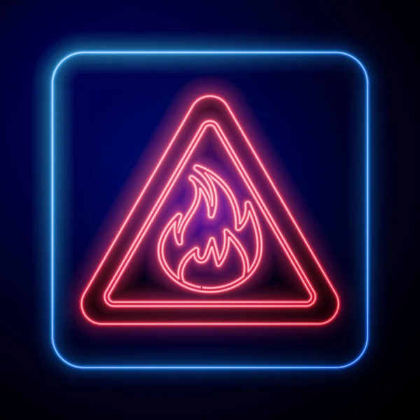 Leuchtende Neonfarbene Flamme Dreieck Symbol Isoliert Auf Blauem Hintergrund Warnzeichen — Stockvektor