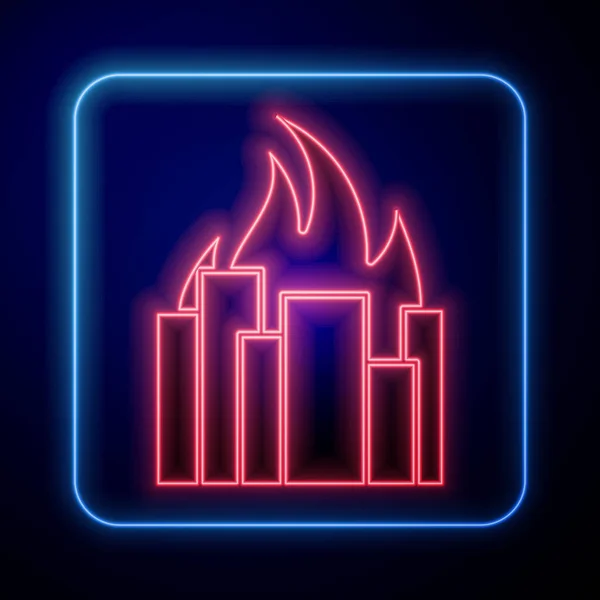 Glowing Neon Fire Burning Buildings City Street Icon Isolated Blue — Stock Vector