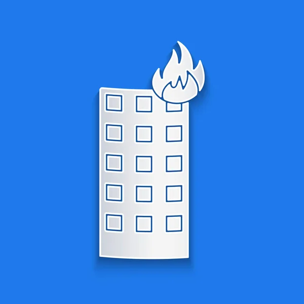 Paper Cut Fire Burning Building City Street Icon Isolated Blue — Stock Vector
