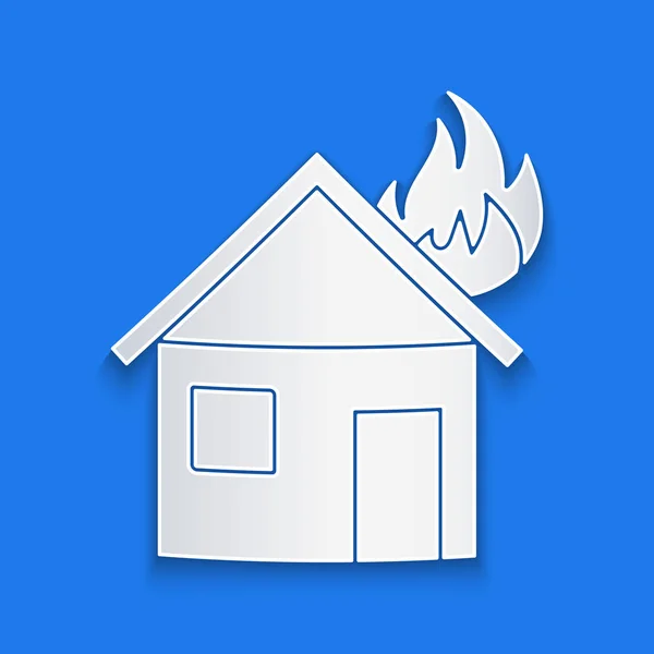 Corte Papel Fuego Icono Casa Llamas Aislado Sobre Fondo Azul — Vector de stock