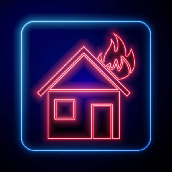 在燃烧的房子图标中点燃霓虹灯火 蓝色背景隔离 病媒图解 — 图库矢量图片