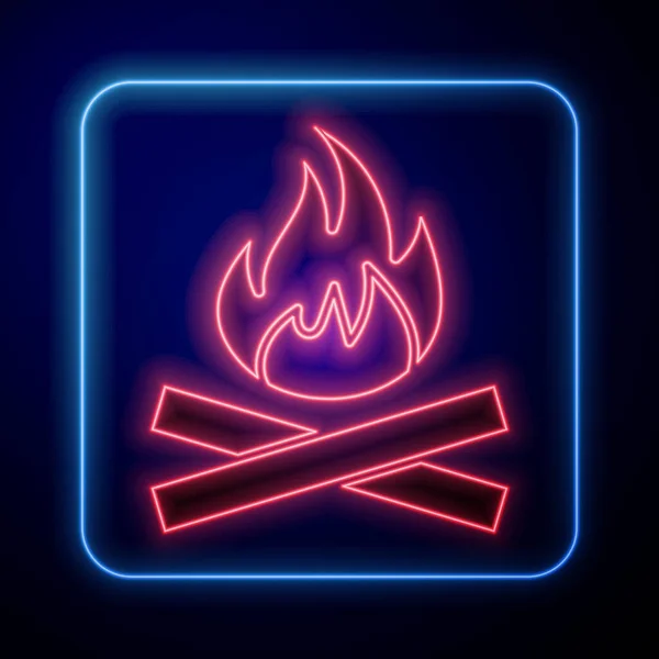 Zářící Neon Campfire Ikona Izolované Modrém Pozadí Pálení Ohně Dřevem — Stockový vektor