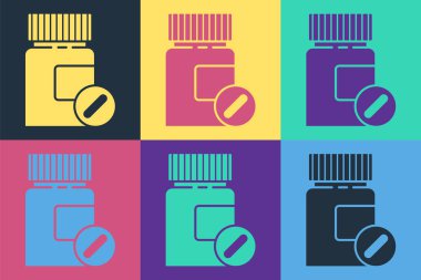 Pop Art Medicine şişesi ve renkli arka planda izole edilmiş hap ikonu. Şişe hapı işareti. Eczane tasarımı. Vektör İllüstrasyonu