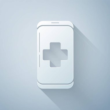 Gri arka planda hastane ikonuna acil durum telefonu çağrısı var. Kağıt sanatı tarzı. Vektör İllüstrasyonu