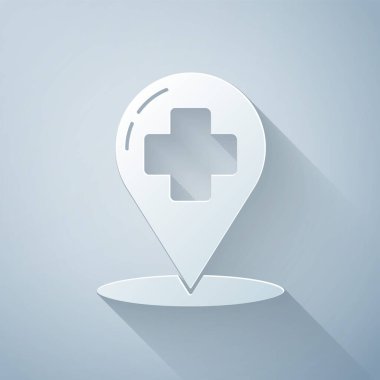 Gri arkaplanda hastane simgesi olan kağıt kesiği tıbbi harita işaretçisi. Kağıt sanatı tarzı. Vektör İllüstrasyonu