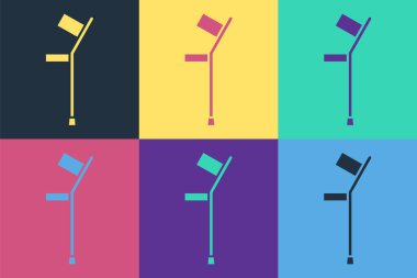 Pop Art Crutch ya da koltuk değnekleri ikonu renkli arkaplanda izole edilmiş. Kas iskeleti hastalığı olan insanların rehabilitasyonu için gerekli ekipman. Vektör İllüstrasyonu