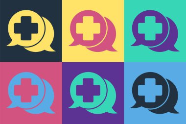 Doktor simgesi ile pop sanat diyaloğu renk arkaplanında izole edildi. Doktor ve hasta diyaloğu. Sağlık hizmetleri hakkında danışmanlık. Vektör İllüstrasyonu