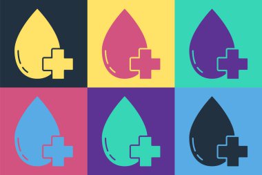 Pop Art Bağış, renk arkaplanında haç simgesi olan kan damlatır. Vektör İllüstrasyonu